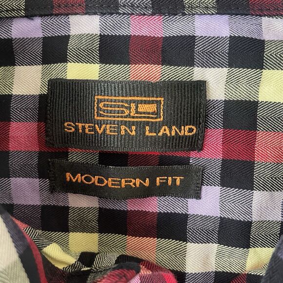 Steven Land Shirt Mens 16.5 34/35 Red Purple Yellow Black Checkered Plaid Modern - Picture 3 of 8